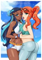 2girls ass bare_arms bare_legs bare_shoulders big_breasts blue_eyes blue_hair blue_hair_female blush breast_press breast_to_breast breasts chocolate_and_vanilla clothed cloud couple dark-skinned_female dark_skin day duo earrings eyewear_on_head female female_only french_kiss french_kissing game_freak green_eyes gym_leader hair_bun hand_holding holding_hand holding_hands hoop_earrings interlocked_fingers interracial interracial_yuri jewelry kiss kissing large_ass light-skinned_female light_blue_hair light_skin long_hair looking_at_viewer making_out midriff multiple_girls mutual_yuri navel nessa_(pokemon) nintendo one_eye_closed one_eye_open open_mouth orange_hair orange_hair_female outdoors outside pants pokemon pokemon_(anime) pokemon_(game) pokemon_ss ponytail rud-k saliva saliva_string saliva_trail side_ponytail sky sonia_(pokemon) standing sticking_out_tongue sweat thick_thighs thighs tied_hair tongue tongue_kiss tongue_kissing tongue_out wink yuri