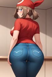 ai_generated arms_at_sides big_ass blue_eyes blue_jeans blush brown_hair busty cleavage clothed female from_behind indoors jeans light_smile looking_back may_(pokemon) pokemon red_bandana red_shirt seraphim_ai solo stable_diffusion standing