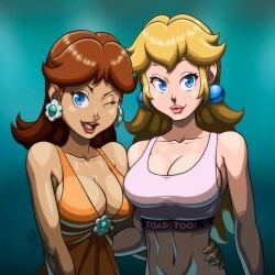 2girls alternate_costume big_breasts blonde_hair blue_eyes breasts brown_hair busty cleavage dick_sucking_lips dress female female_only large_breasts long_hair looking_at_viewer mario_(series) midriff multiple_girls navel nintendo one_eye_closed open_mouth pink_lips princess princess_daisy princess_peach short_hair simgart smile sports_bra toned wink