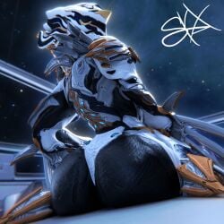 3d 3d_(artwork) ass ass_focus big_ass big_butt galaxy looking_back oil oiled oiled_skin rear_view sitting skelexx skxx_elliot solo tagme warframe zephyr_(warframe)