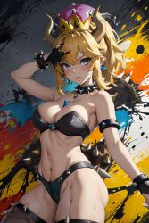 abstract_background ai_generated background big_breasts black_bra black_panties blonde_hair bowsette breasts female female_only horns mario_(series) new_super_mario_bros._u_deluxe pelvis solo standing