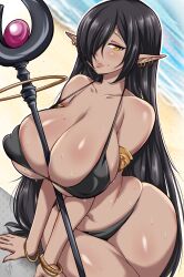 1girls absurd_res arm_support bayeuxman beach belly_button bikini black_hair blush bracelets breasts cleavage dark-skinned_female dark_elf dark_skin ear_piercing earrings elf female female_focus female_only gold_eyes hair_over_one_eye hi_res horny hourglass_figure inverted_nipples kuroinu_~kedakaki_seijo_wa_hakudaku_ni_somaru~ large_breasts long_ears long_hair looking_at_viewer naughty_face nipples nipples_visible_through_clothing object_between_breasts olga_discordia outdoors pointy_ears sand see-through_bikini shiny_skin smile smiling_at_viewer staff suggestive_look sweat swimsuit thick_lips thick_thighs thighs very_long_hair water weapon wet