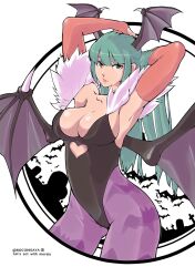 1girls armpits arms_behind_head bat_wings big_breasts breasts busty capcom cleavage clothing covered_navel darkstalkers demon_girl female female_only green_eyes green_hair large_breasts legs leotard long_hair looking_at_viewer morrigan_aensland pink_lips pose posing rocohisaya seductive_smile sensual sexy_armpits smile solo succubus thighs wings