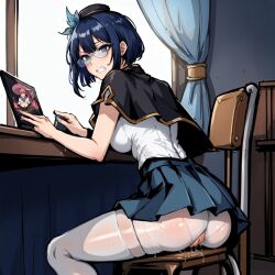 1girls ai_generated blue-tinted_eyewear blue_hair cape chair clenched_teeth evil_twin_ki-sikil evil_twin_lil-la female female_only from_behind hat ki-sikil_(yu-gi-oh!) konami laptop leukocrisp lil-la_(yu-gi-oh!) pantyhose pussy_juice sitting skirt solo tinted_eyewear uncensored yu-gi-oh!