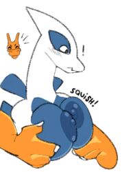 2023 ambiguous_gender anthro areola big_breasts blue_areola blue_body blue_nipples blush breast_grab breast_squish breasts charizard claws closed_eyes duo exclamation_point female generation_1_pokemon generation_2_pokemon hand_on_breast hi_res holding_breast legendary_pokemon lugia nintendo nipples offscreen_character onomatopoeia orange_body pokemon pokemon_(species) simple_background sound_effects squish surprise text tuanyllej2 white_background white_body