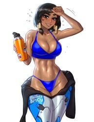 1girls among_us among_us_reference armor artist_name bikini blizzard_entertainment blue_bikini blush blushypixy blushyspicy brown_eyes brown_hair cleavage dark-skinned_female dark_skin facial_mark facial_tattoo female female_only flask hair_ornament hidden_amogus holding_drink looking_at_viewer overwatch overwatch_2 pharah plain_background smile solo solo_female sweat sweatdrop sweaty tattoo undressed water watermark white_background