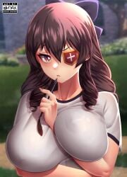 arue_(konosuba) breast_focus breasts brown_hair eyepatch female kono_subarashii_sekai_ni_bakuen_wo! kono_subarashii_sekai_ni_shukufuku_wo! large_breasts long_hair nipples_visible_through_clothes ohdax red_eyes ribbon shirt tagme white_shirt