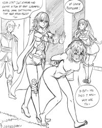 1boy 3girls arms_behind_back arms_tied assisted_exposure bernadetta_von_varley byleth_(fire_emblem) byleth_(fire_emblem)_(female) crying crying_with_eyes_open embarrassed embarrassed_nude_exposure embarrassed_nude_female english_text exhibitionism female fire_emblem fire_emblem:_three_houses forced forced_exposure hilda_valentine_goneril humiliation male monochrome multiple_girls public public_nudity pushing text zerbebuth