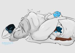 2023 anal anal_vore anthro belly_rub bottomless buddy(gurglegluts) canid canine clothed clothing duo feet_first fluffy fluffy_tail fur gurglegluts hand_on_stomach hi_res hoodie hoodie_only imprint jay_(gurglegluts) long_tail machine male male/male male_pred male_prey mammal partially_inside protogen tail topwear topwear_only vore watermark white_body white_fur