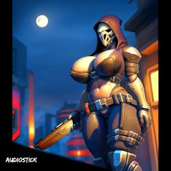 1girls ai_generated audiostick belt blizzard_entertainment breasts city city_background cityscape cleavage female genderswap_(mtf) gloves gun hi_res high_resolution highres hood hood_up huge_breasts large_breasts mask masked masked_female moon moonlight night night_sky overwatch overwatch_2 reaper reaper_(female) rule_63 shoulder_pads solo stable_diffusion thick_thighs thighs watermark wide_hips