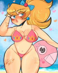 1girls arm_behind_head armpits artist_name ball beach beachball big_breasts bikini blonde_hair blue_eyes breasts busty chain_chomp child_bearing_hips female female_only hair_ribbon heart large_breasts legs long_hair looking_at_viewer mario_(series) navel nintendo ocean pink_bikini pink_lips ponytail princess princess_peach puckered_lips ribbon softgoth softgothexe solo sweat swimsuit thick_thighs thighs thong_bikini voluptuous water wide_hips