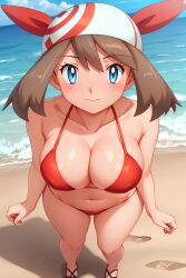 ai_generated beach big_breasts blue_eyes blush brown_hair busty cap cleavage collarbone covered_nipples facing_forward female full_body looking_at_viewer may_(pokemon) outdoors pokemon red_bikini sandals seraphim_ai solo stable_diffusion