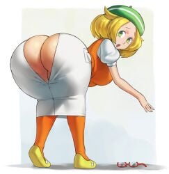 1girls anus ass ass_cutout bent_over bianca_(pokemon) blonde_hair border borvar breasts bursting_ass clothing_cutout creatures_(company) female from_behind full_body game_freak glasses green_eyes grey_background hat highres huge_ass large_breasts legs looking_back mary_janes nintendo no_panties open_mouth orange_thighhighs pencil_skirt pokemon pokemon_(game) pokemon_bw puffy_short_sleeves puffy_sleeves shoes short_hair short_sleeves simple_background skirt suprised suprised_expression suprised_look teeth thick_thighs thighhighs thighs tongue uncensored upper_teeth_only vest wardrobe_malfunction white_border white_skirt wide_hips