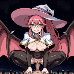 1boy 1girls ai_generated cowgirl_position demon_wings evil_twin_ki-sikil ki-sikil_(yu-gi-oh!) leukocrisp nude_male_clothed_female pink_hair pov stable_diffusion uncensored vaginal_penetration witch_hat yu-gi-oh!