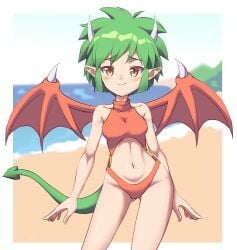 1girls breasts draco_centauros dragon_girl dragon_horns female female_only green_hair horns legs looking_at_viewer madou_monogatari medium_breasts navel one-piece_swimsuit pointy_ears puyo_puyo puyopuyo sega short_hair smile solo swimsuit thighs yellow_eyes