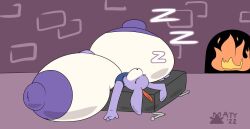 1girls artist_signature big_areola broken_bed cave_story chaco chaco_(cave_story) fireplace huge_breasts hyper_breasts mattthetooncat sleeping zzz