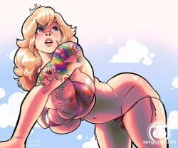 1girls all_fours arm_support artist_name bent_over big_breasts bikini blonde_hair blue_eyes breast_grab breasts bursting_breasts busty cleavage female female_only grabbing_own_breast huge_breasts large_breasts legs long_hair mario_(series) navel nintendo nipples open_mouth pink_bikini pink_lips princess princess_peach sexgazer swimsuit tattoo thick_thighs thighs voluptuous