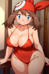 ai_generated arms_at_sides big_breasts blue_eyes blush brown_hair busty cleavage collarbone covered_nipples curvy facing_forward female indoors looking_at_viewer may_(pokemon) navel one_piece_swimsuit pokemon red_bandana seraphim_ai smile solo stable_diffusion swimsuit