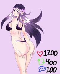 ass ass_focus bra breasts doki_doki_literature_club embarrassed embarrassed_underwear_female embarrassed_undressed_female euf female holding_ass long_hair looking_at_viewer looking_back looking_back_at_viewer panties purple_background purple_eyes purple_hair snookfluff strip_game underwear underwear_only undressed yuri_(doki_doki_literature_club)