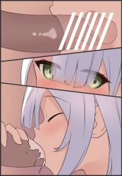 1girls big_penis blowjob blush censor_bar cum cum_in_mouth female genshin_impact green_eyes huge_cock large_penis netomi noelle_(genshin_impact) oral penis short_hair white_hair