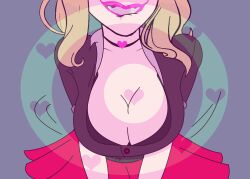 biting_lip blonde_hair bra breast_focus breasts choker cleavage colorrings danganronpa hypnosis hypnotic_breasts hypnotizing_viewer junko_enoshima large_breasts lipstick mind_control pov pov_sub skirt smile smiling solo solo_female straight_hair twintails underwear