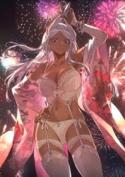 1girls alternate_costume animal_ears arm_warmers armpits bare_shoulders bra bracelet breasts brown_eyes brown_skin cleavage dark-skinned_female dark_skin female fireworks floral_print garter_belt garter_straps hand_on_hip japanese_clothes jewelry kimono lace-trimmed_bra lace_trim large_breasts legwear lingerie midriff miruko my_hero_academia nail_polish new_year night night_sky off_shoulder open_clothes open_kimono outside panties pink_kimono rabbit_ears rabbit_girl rumi_usagiyama salmon88 solo stockings thighhighs thighs underwear white_bra white_hair white_legwear white_panties white_thighhighs year_of_the_rabbit