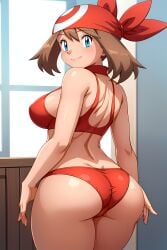 ai_generated arms_at_sides big_ass big_breasts blue_eyes blush brown_hair busty cleavage collar curvy female from_behind indoors looking_at_viewer may_(pokemon) pokemon red_bandana red_panties seraphim_ai smile solo sports_bra stable_diffusion standing