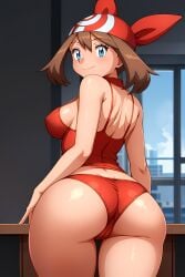 ai_generated arms_at_sides big_ass blue_eyes blush brown_hair busty cleavage covered_nipples crop_top female from_behind indoors light_smile looking_at_viewer may_(pokemon) panties pokemon red_bandana seraphim_ai solo stable_diffusion standing