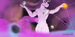 1boy ambiguous_gender anthro anthro_only black_hole chocolatefunhouse69 cosmic_background deity equid equine fur hi_res horn male male_only mammal nude planet portal solo spacecraft star unicorn universe vehicle white_body white_fur