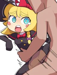 1boy apron black_capelet black_gloves black_headwear black_skirt black_vest blonde_hair blue_eyes blush blush_stickers bow bowtie breasts bright_pupils brown_apron buttons capelet clothed_female_nude_male clothed_sex commentary cookie_(touhou) elbow_gloves feet_out_of_frame female gloves hat highres hospital_king kirisame_marisa medium_bangs medium_breasts medium_hair meguru_(cookie) motion_lines nude open_mouth red_bow red_bowtie sex simple_background skirt solo_focus straight tearing_up teeth thick_eyebrows tongue tongue_out touhou upper_teeth_only vest waist_apron white_background white_pupils witch_hat