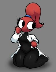 1girls big_eyes big_thighs cartoony labcoat looking_away on_knees ponytail rainbow_friends red_(rainbow_friends) red_body red_hair red_skin roblox roblox_game rule_63 scientist sketchylimesliv skin_tight_suit suit tagme thick_thighs