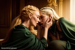 2girls ai_generated blonde_hair braided_hair cersei_lannister cleavage closed_eyes daenerys_targaryen female female_only game_of_thrones holding_head kissing korpuskola-ai medium_breasts necklace saliva_trail yuri