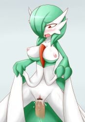 1boy 1girls bar_censor blush censored cowgirl_position cum gardevoir gradient_background large_breasts neichii open_mouth penetration pokemon pokemon_(species) pokemon_rse pokephilia red_eyes straight vaginal_penetration