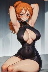 1girls ai_generated amiral_ai armpits arms_up black_dress breasts dress female female_only hips large_breasts long_hair microdress nami one_piece orange_hair post-timeskip presenting_armpit stable_diffusion thick_thighs