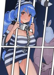 1boy 1girls animal_ears blue_hair bottomless braided_hair braided_twintails bunny_ears bunny_tail cameltoe chains collar dismassd hat hololive hololive_fantasy hololive_japan imminent_sex jail jail_cell orange_eyes panties prison prison_cell prisoner tagme twintails usada_pekora virtual_youtuber