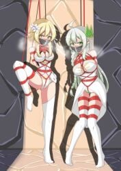 2girls arms_behind_back behind_door blonde_hair blush bondage breast_bondage crotch_rope defiant embarrassed female female_only flower_in_hair genshin_impact goddess green_eyes green_panties hair_ornament knees_together_feet_apart large_breasts leg_lift long_hair looking_at_viewer lumine_(genshin_impact) nahida_(genshin_impact) panties rukkhadevata_(genshin_impact) shadow shibari socks tape_gag thigh_socks thighhighs upskirt white_hair white_panties white_socks white_thighhighs yellow_eyes