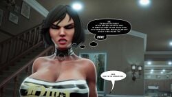 3d bare_shoulders big_breasts bioshock bioshock_infinite black_hair breasts busty cleavage closed_eyes collar corrective_measures_(comic) dialogue elizabeth_comstock erect_nipples eyeshadow female female_focus female_only large_breasts makeup nipple_bulge solo speech_bubble tagme tetriandoch tubetop