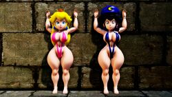 2girls 3d 3d_(artwork) armpits arms_up barefoot big_breasts big_thighs black_hair blonde_hair blue_eyes blue_sling_bikini breasts brown_eyes busty cap chained child_bearing_hips cleavage crown curvy duo feet female female_only half-closed_eyes hi_res huge_breasts legs light-skinned_female light_skin lips lipstick long_hair looking_at_viewer mario_(series) multiple_girls nail_polish navel nintendo original_character pac-mario64 pink_lipstick pink_nail_polish pink_nails pink_sling_bikini princess princess_peach sling_bikini slingshot_swimsuit smile thick thick_hips thick_thighs thighs wide_hips