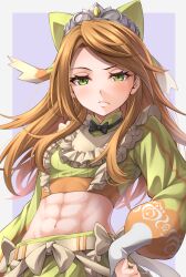 1girls abs bare_midriff bow crop_top etie_(fire_emblem) female female_only fire_emblem fire_emblem_engage green_bow green_eyes green_skirt hairbow hand_on_own_hip long_hair long_sleeves looking_at_viewer midriff navel nintendo orange_hair simple_background skirt skirt_set solo stomach ten_(tenchan_man) tiara tomboy toned toned_abs toned_female upper_body white_background