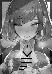 1boy after_fellatio bar_censor bare_shoulders blush bob_cut breasts censored cum cum_in_mouth diagonal_bangs earrings erection female genshin_impact gloves greyscale highres jewelry large_breasts large_penis looking_at_viewer monochrome penis short_hair solo_focus steam straight sukoyaka93 sweat yelan_(genshin_impact)