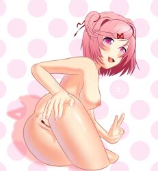 1girls anus areolae ass breasts doki_doki_literature_club female female_only looking_at_viewer looking_back naked naked_female natsuki_(doki_doki_literature_club) nipples nude open_mouth open_smile peace_sign pink_eyes pink_hair pink_nipples presenting presenting_hindquarters presenting_pussy presenting_vagina pussy scribblyatnight smile solo solo_female v v_sign vulva