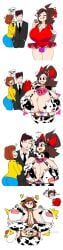 1boy 2girls breast_expansion brown_hair comic cow_bell_collar cow_ears cow_horns cow_pasties cow_pattern cow_print_bikini cow_stockings cow_tail edit female hakkim_animation male mikkah_(hakkim_animation) misha_(hakkim_animation) red_eyes short_skirt text thigh_expansion tied_hair yellow_eyes