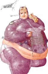 1boy belly belly_overhang bhm corset diving_suit eating english_dialogue english_text fat fat_belly fat_man highres hot_dog jojo's_bizarre_adventure leather leather_suit male_focus male_only moobs morbidly_obese morbidly_obese_male navel obese obese_male overweight overweight_male realistic shiny_skin skin_tight the_jojolands tight_clothing usagi_aloha'oe