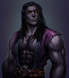 1boy abs bare_chest bare_shoulders biceps black_hair darksiders darksiders_2 death_(darksiders) glowing_eyes grey_background grey_body grey_skin humanoid long_hair male male_only muscle muscles muscular muscular_arms muscular_male no_humans notesz_(artist) open_clothes orange_eyes pecs pectorals plain_background revealing_clothes shoulder_length_hair simple_background tagme tagme_(artist) triceps