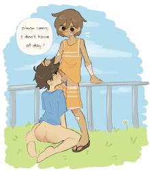 2boys aged_up ass brown_hair english_text gay heizoucidal hero_(omori) incest kel_(omori) kelhero male male_only multiple_boys omori outdoors penis sandals text twink yaoi