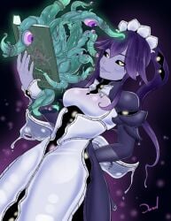 big_breasts black_sclera book dark-skinned_female dazol humanoid large_breasts looking_at_viewer maid maid_headdress maid_uniform monster_girl monster_girl_encyclopedia ponytail shoggoth shoggoth_(monster_girl_encyclopedia) slime_girl smug smug_face tentacle tentacle_monster tentacles yellow_eyes