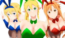 3girls alice_schuberg alluring auburn_hair big_breasts blonde_hair blue_eyes brown_eyes bunny_ears_headband bunny_outfit cleavage female female_only fishnets green_eyes leafa pin_up sword_art_online yuuki_asuna