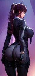 ai_generated ass ass_focus black_hair blue_eyes breasts dolla_(nikke) female formal from_behind gloves goddess_of_victory:_nikke huge_ass large_breasts long_hair looking_away necktie pants ponytail shiny shiny_clothes shiny_hair sideboob skin_tight solo standing suit