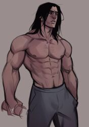 1boy abs bare_arms bare_chest bare_shoulders biceps black_hair broad_shoulders darksiders darksiders_2 death_(darksiders) dick_root eight_pack facing_forward facing_viewer fit fit_male front_view grey_background grey_body grey_skin humanoid long_hair male male_only muscle_tone muscles muscular muscular_arms muscular_male no_humans no_shirt notesz_(artist) pants pants_only pecs pectorals plain_background pubic_hair shirtless shirtless_(male) simple_background solo solo_focus solo_male tagme tagme_(artist) triceps