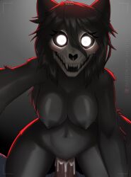absurd_res anthro black_body black_fur blush bone breasts canid canine fangs female fur genitals glowing glowing_eyes heart-shaped_pupils heart_eyes hi_res looking_at_viewer male male/female malo mammal navel nipples pussy recording scp-1471 scp-1471-a scp_foundation sex skull skull_head solo_focus teeth vaginal_penetration xaenyth